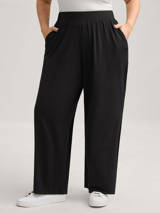 Solid Elastic Waist Wide Leg Lounge Bottoms