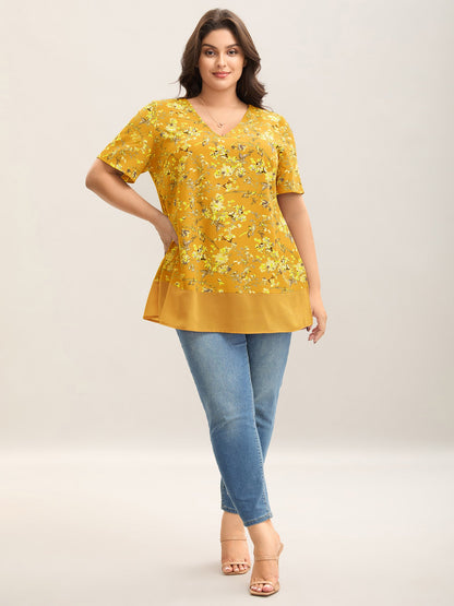 Garden Print Spliced V-Neck Blouse