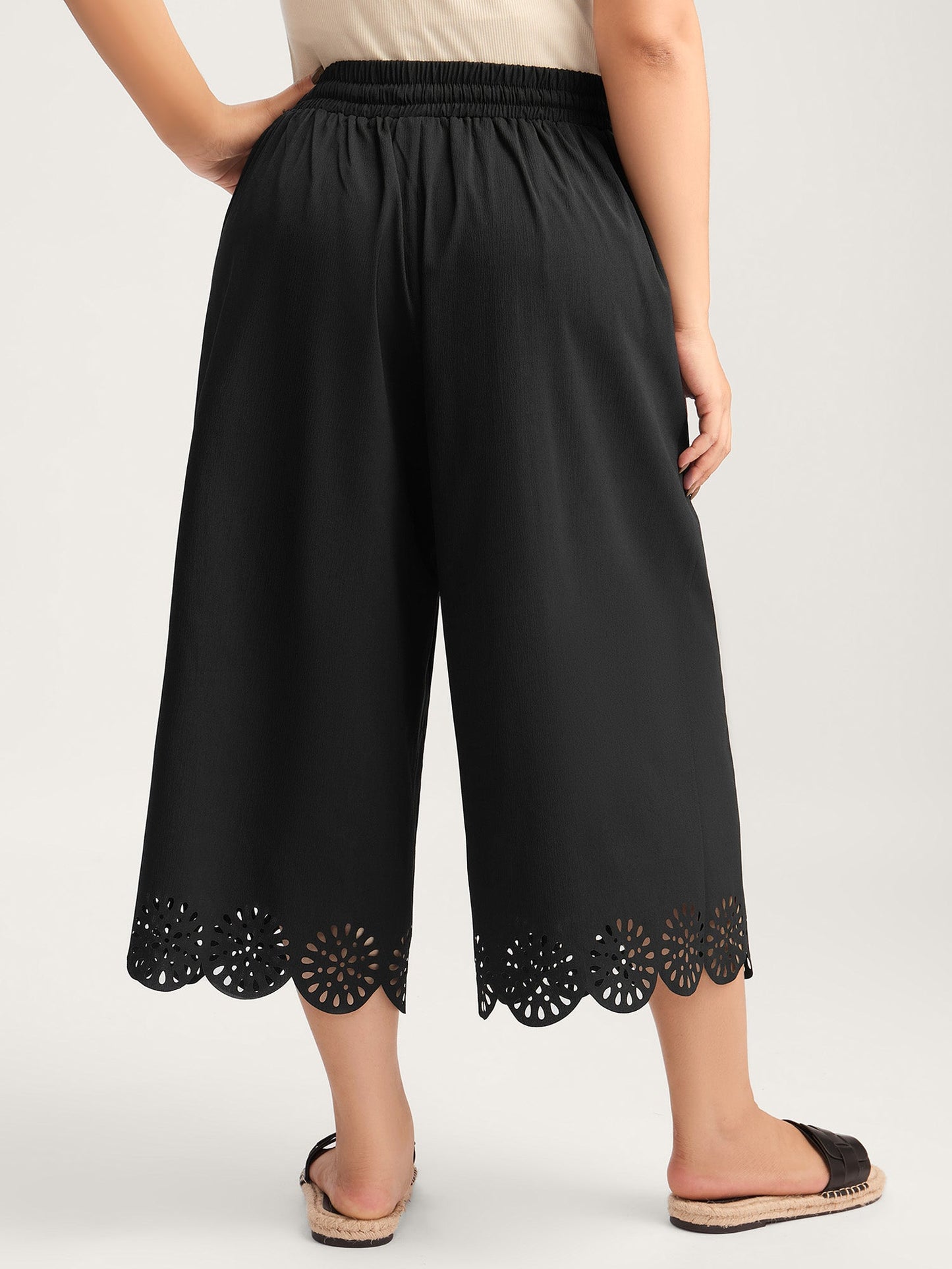 Scalloped Hem Laser Cut Wide-Leg Pants