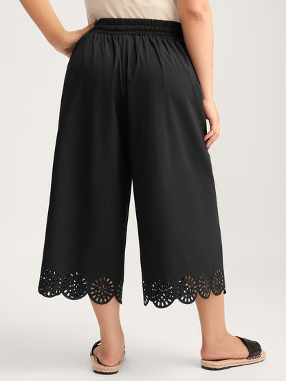 Scalloped Hem Laser Cut Wide-Leg Pants