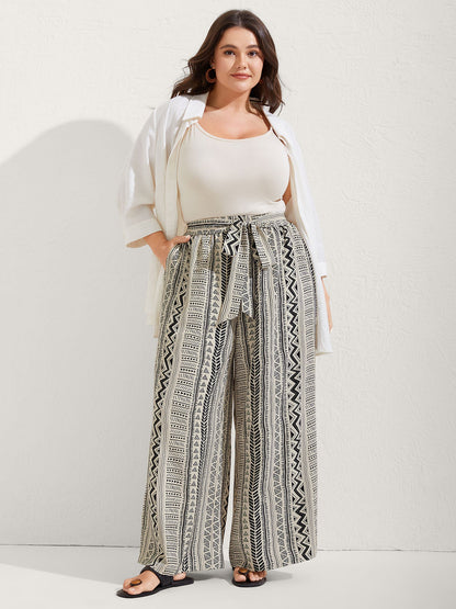 Waist-Tie Wide-Leg Boho Print Pants