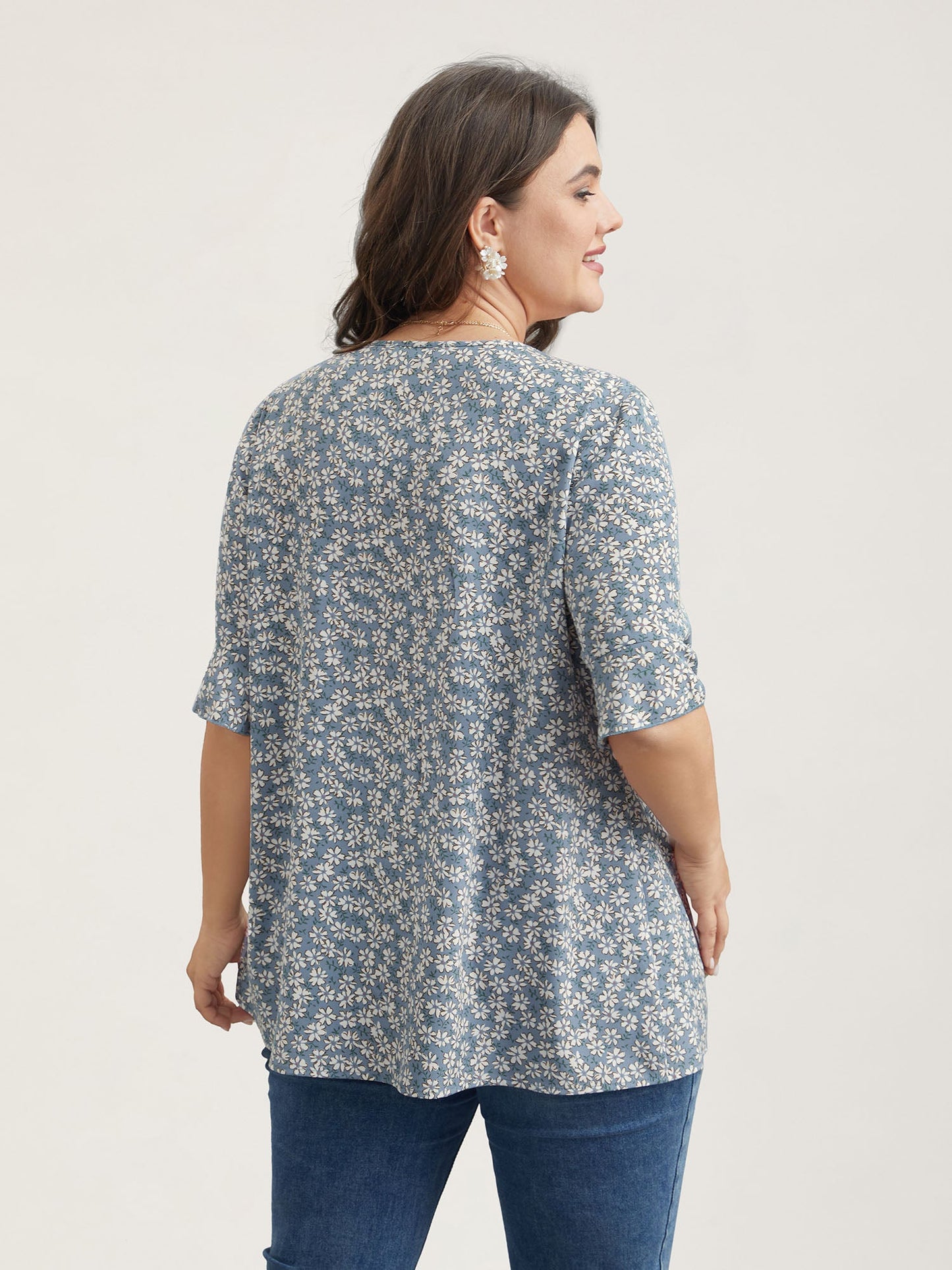 Ditsy Floral Pleated Flared Sleeve Shirt