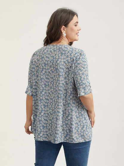 Ditsy Floral Pleated Flared Sleeve Shirt