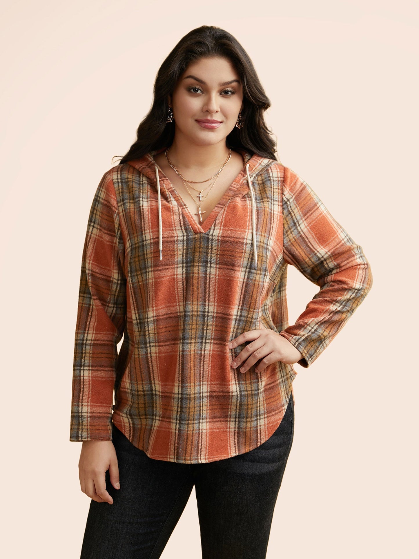 Brushed Fabric Plaid Hooded Sweatshirt