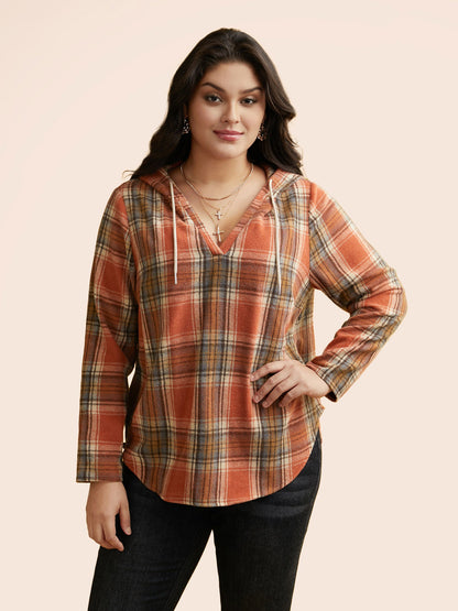 Brushed Fabric Plaid Hooded Sweatshirt
