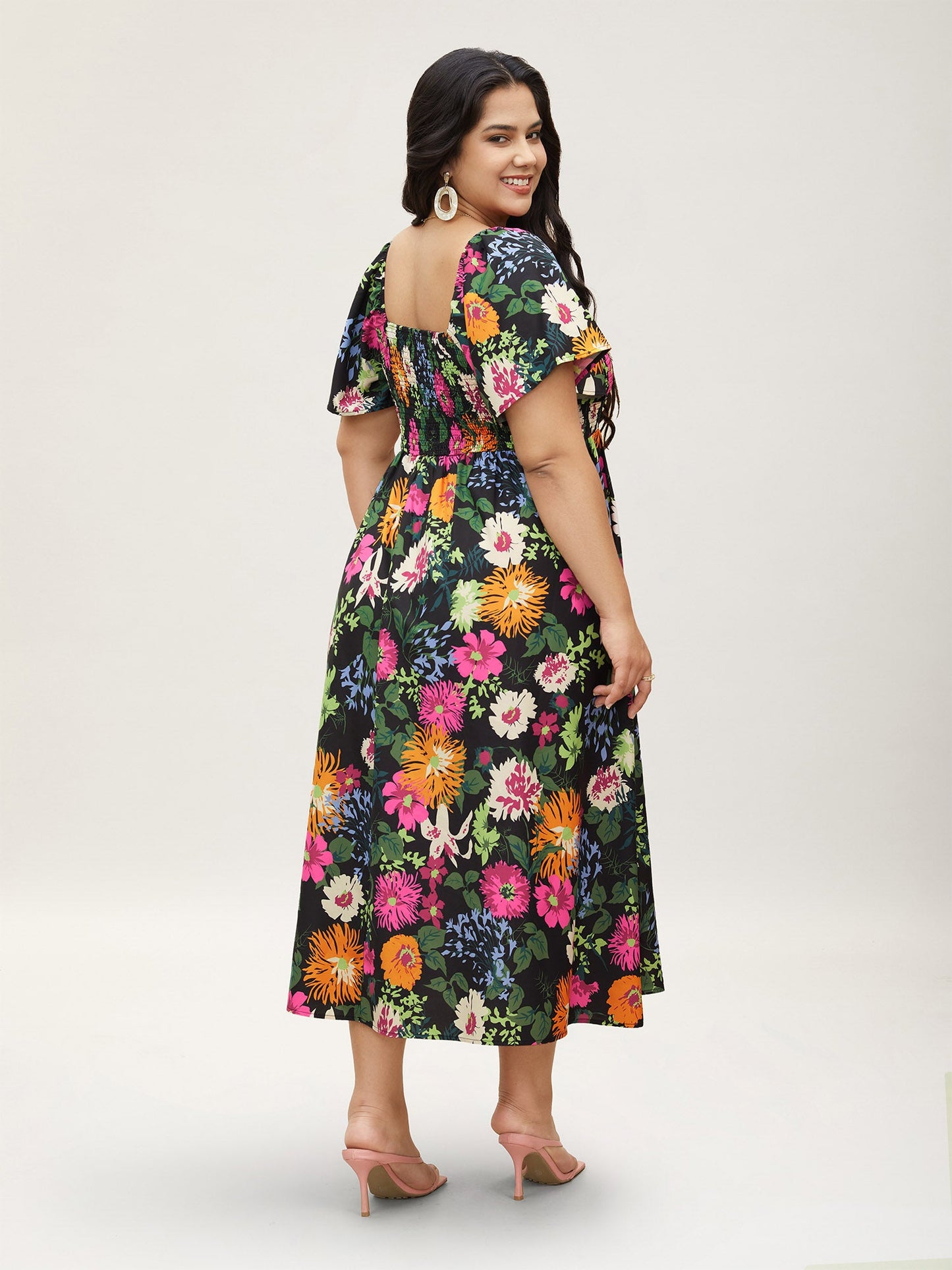 Floral Shirred Square Neck Pocket Midi Dress