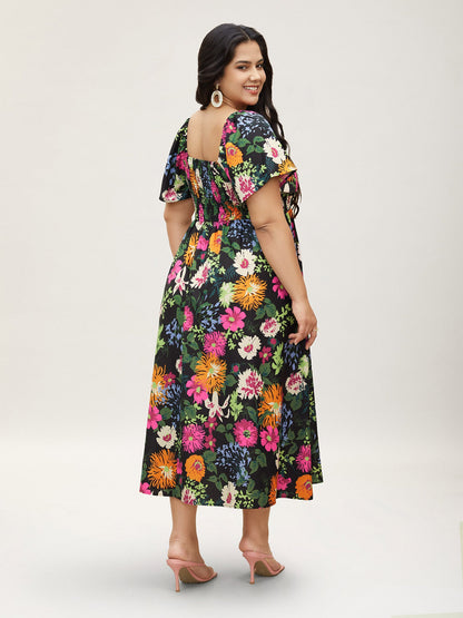 Floral Shirred Square Neck Pocket Midi Dress