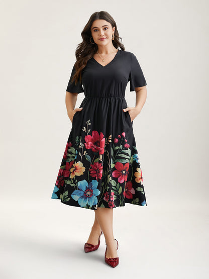 Floral Print V-Neck Half-Sleeve Midi Dress