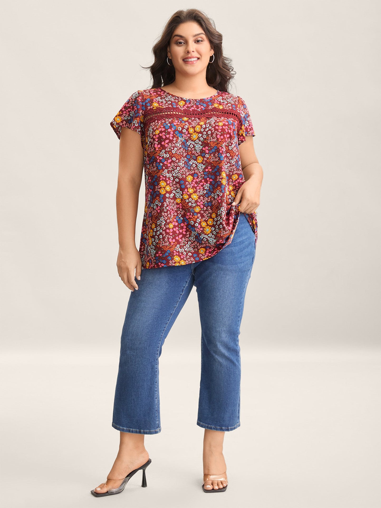 Multi-Color Floral Print Lace Spliced Blouse