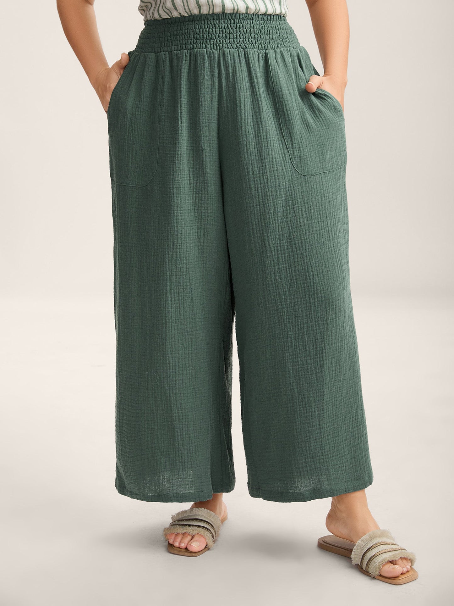 Cotton Shirred Textured Wide-Leg Pants
