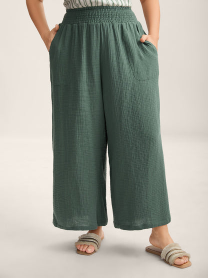 Cotton Shirred Textured Wide-Leg Pants