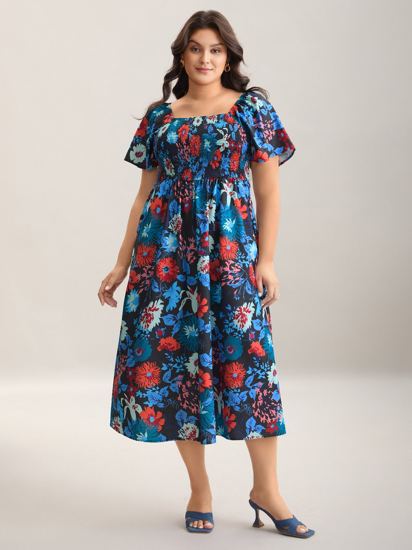 Floral Shirred Square Neck Pocket Midi Dress