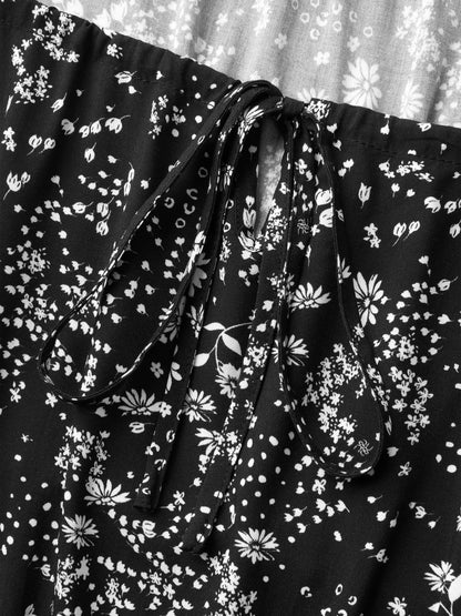 Floral Neck Drawstring Flared Sleeve Midi Dress