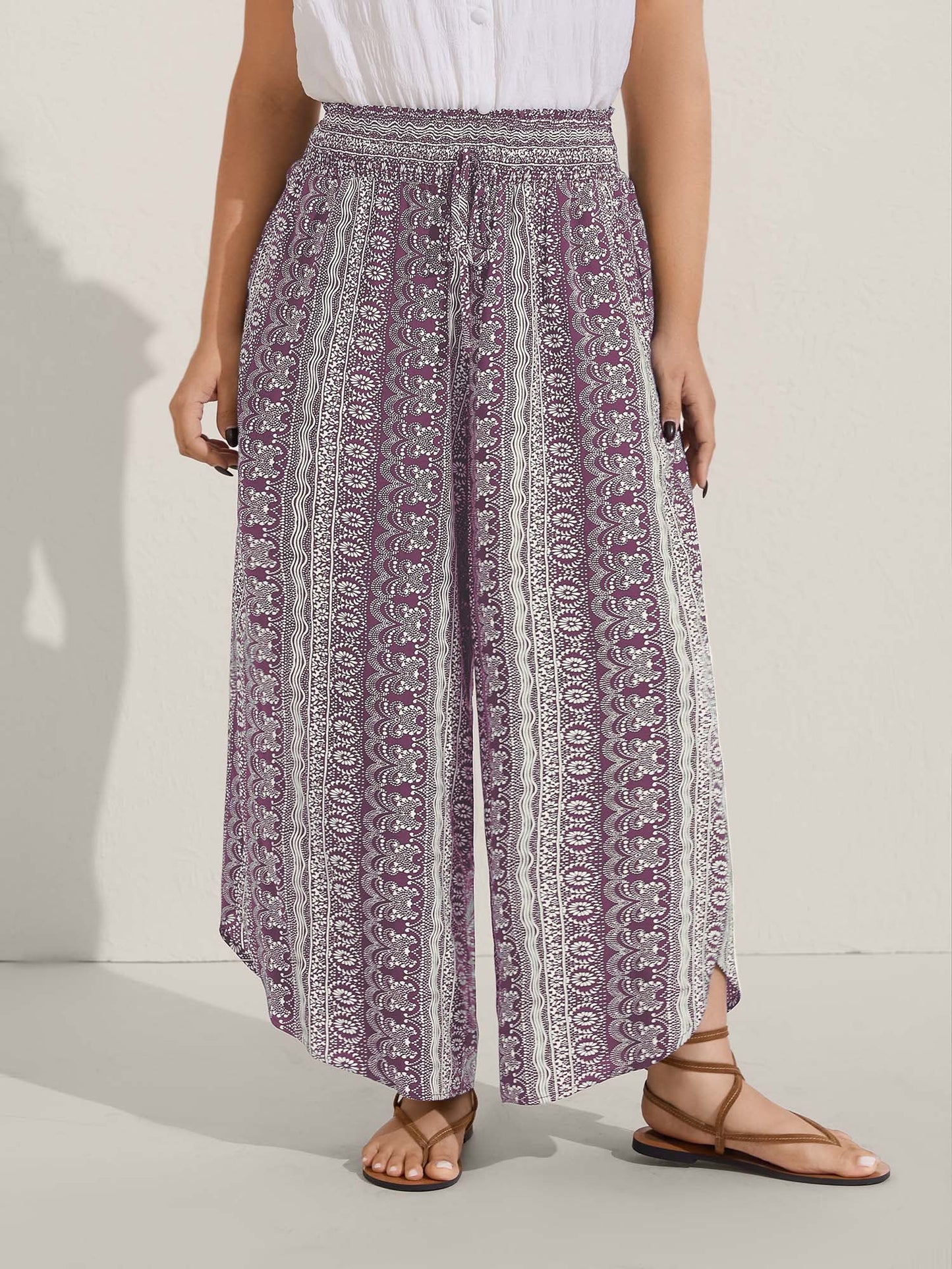 Boho Print Shirred Waist Wide-Leg Pants
