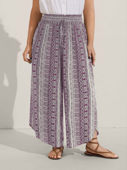 Boho Print Shirred Waist Wide-Leg Pants