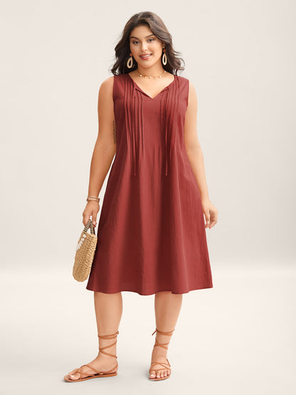 Cotton Toothpick Pleat Plain Midi Dress