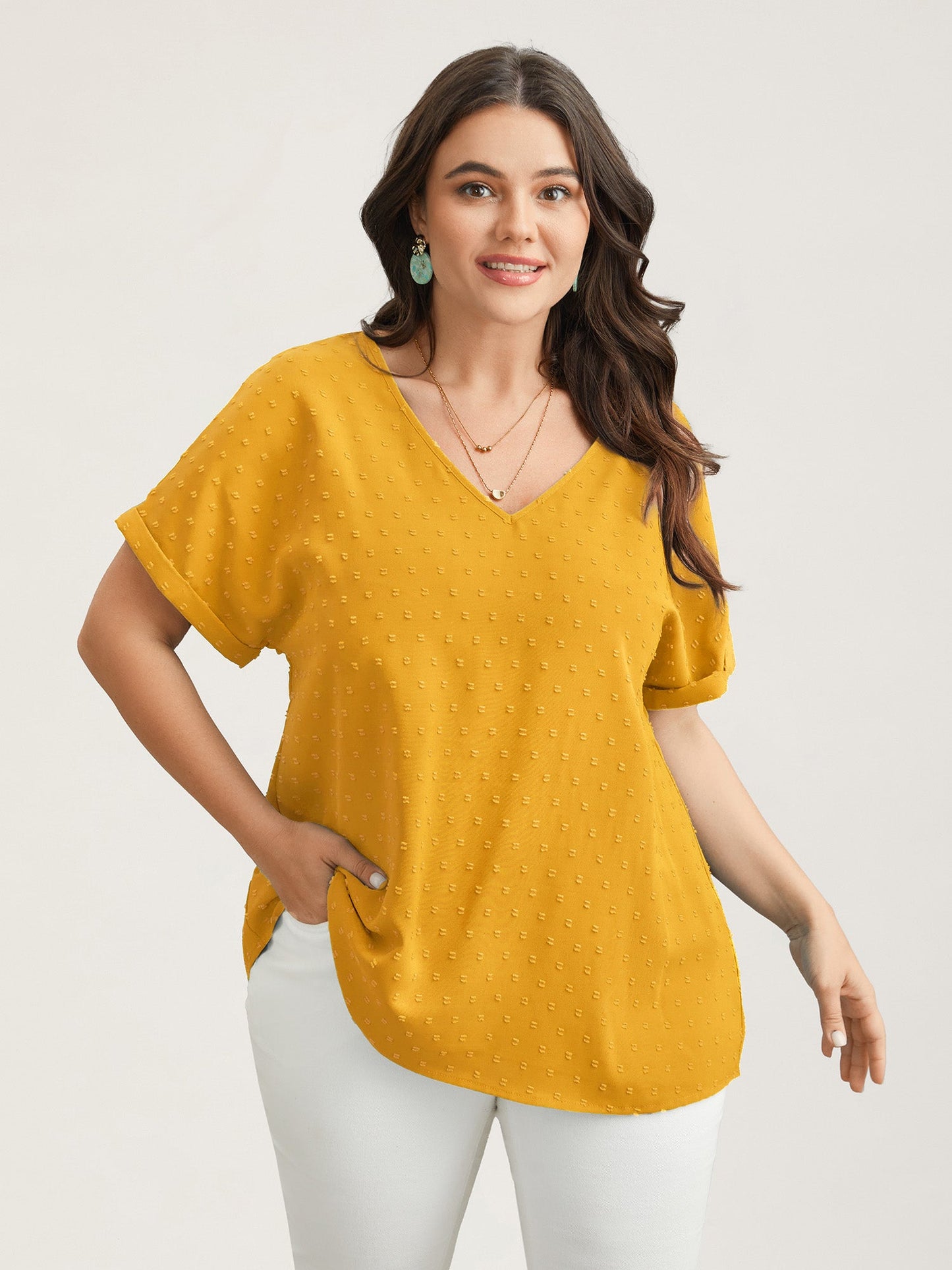 Back-Button Textured V-Neck Shirt