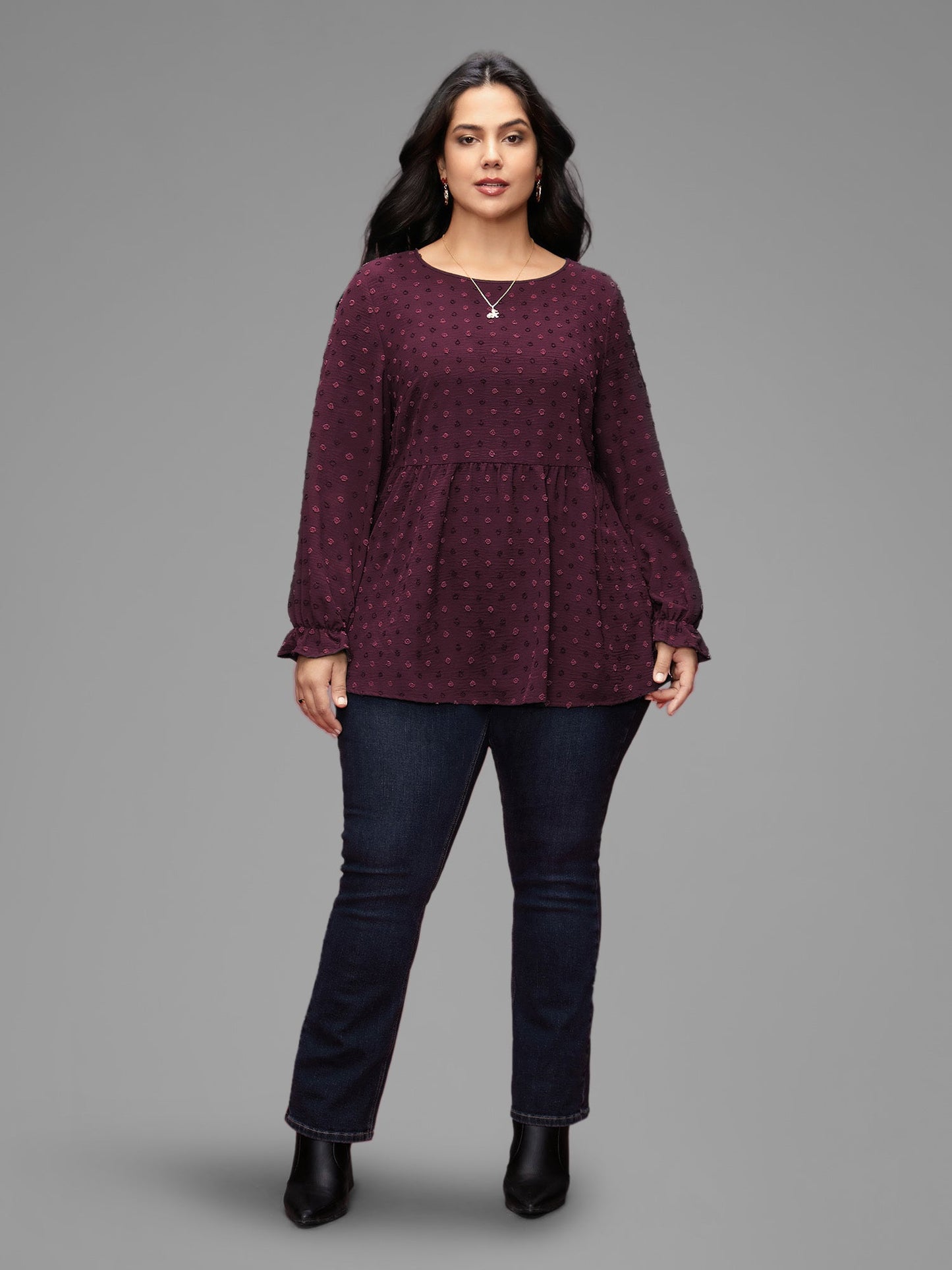 Textured Dot Elastic Cuffs A-line Blouse