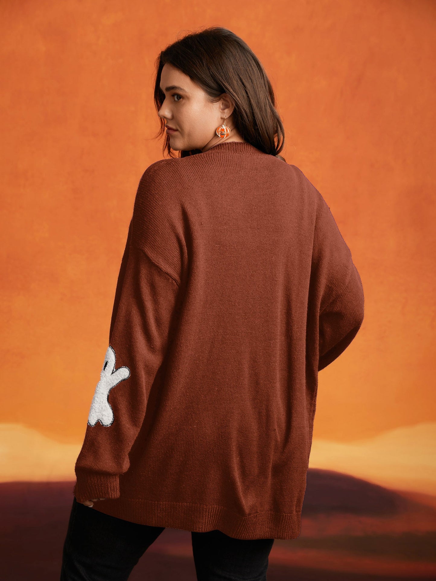 Pumpkin Ghost Embroidery Open Cardigan