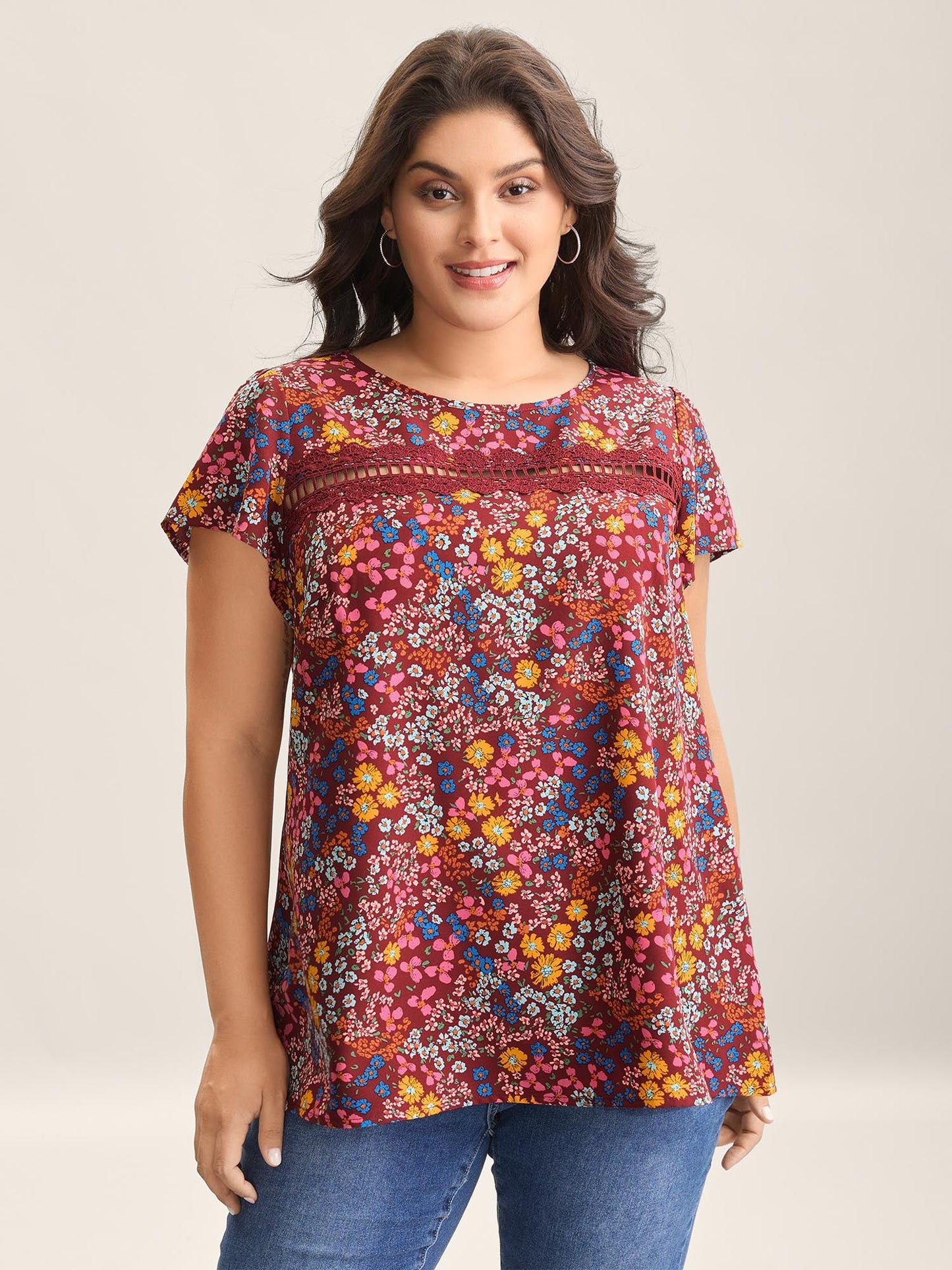 Multi-Color Floral Print Lace Spliced Blouse