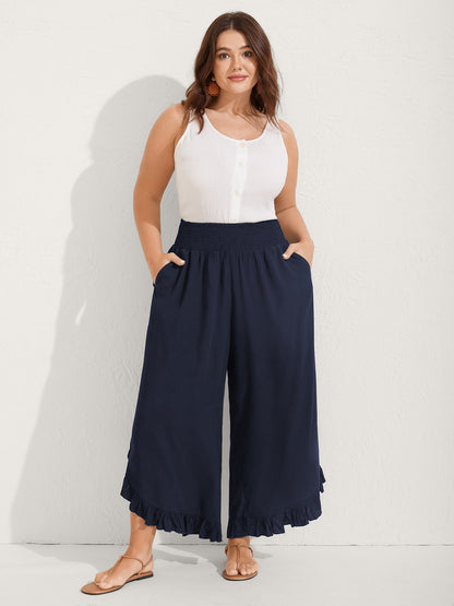 Ruffled Curvy Hem Wide-Leg Pants