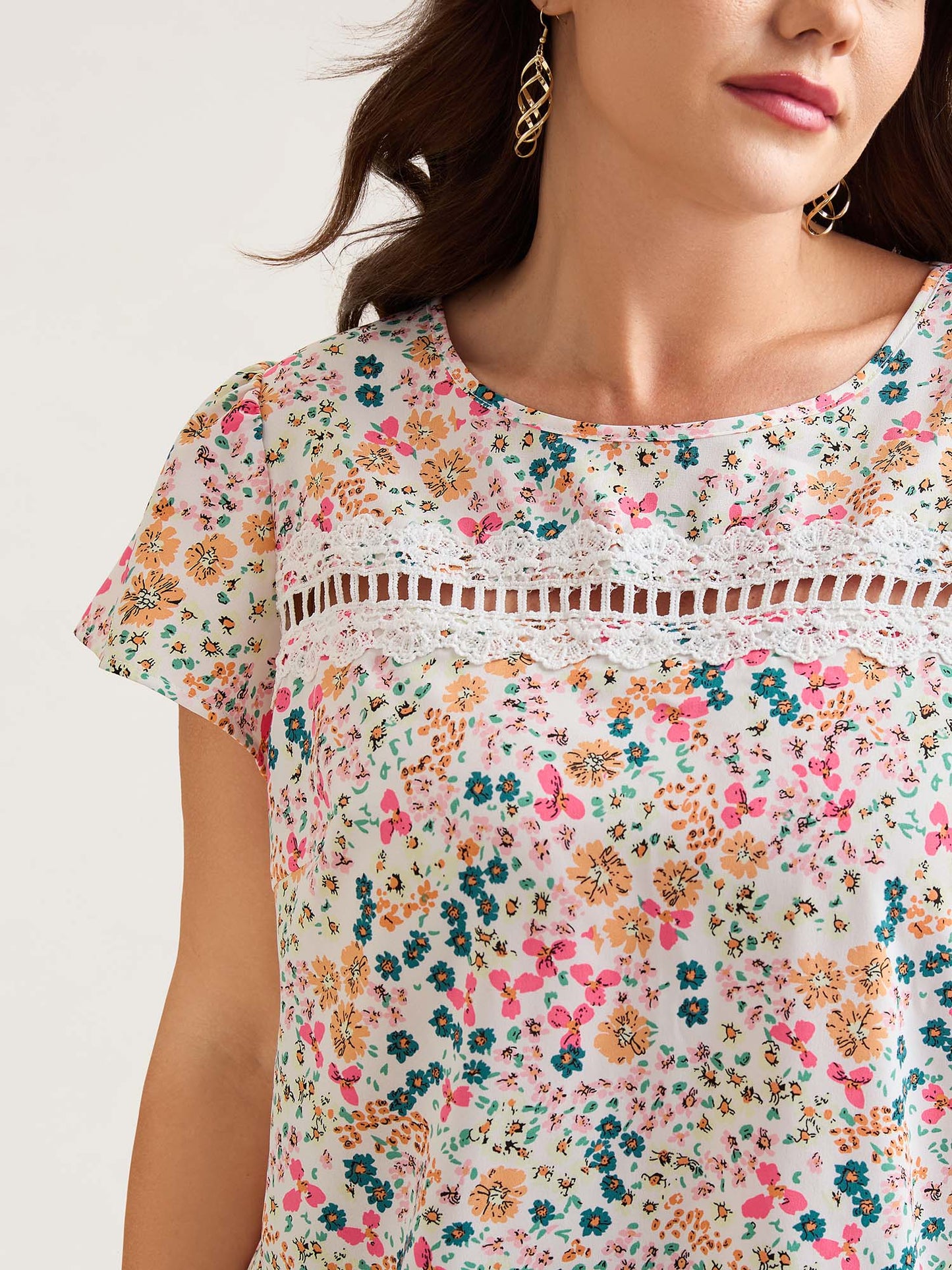Multi-Color Floral Print Lace Spliced Blouse