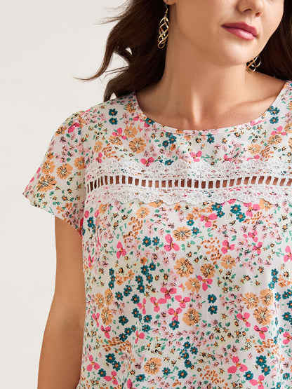 Multi-Color Floral Print Lace Spliced Blouse