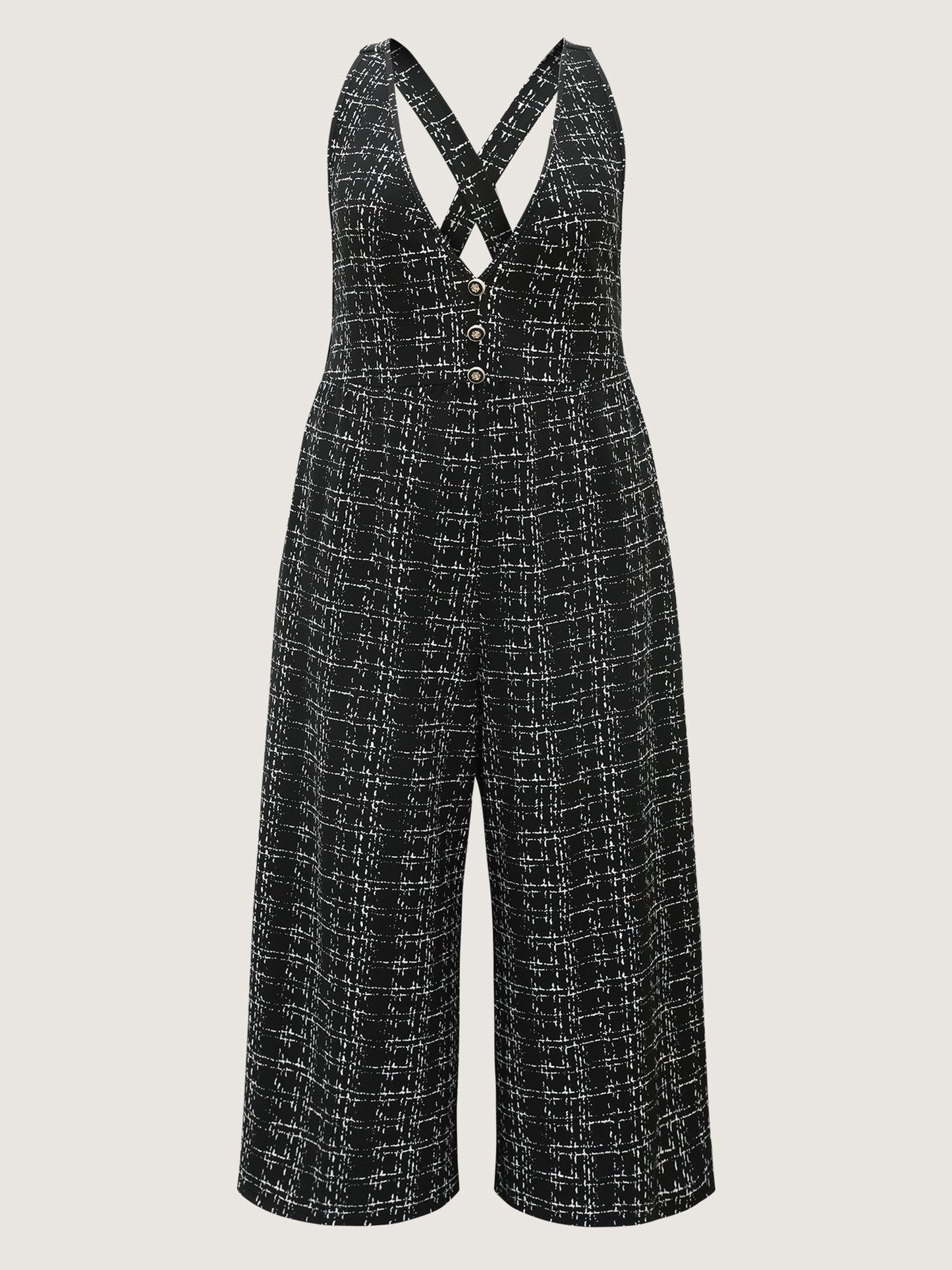 Plaid Tweed Crisscross Back Button Detail Jumpsuit