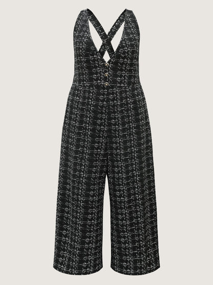 Plaid Tweed Crisscross Back Button Detail Jumpsuit