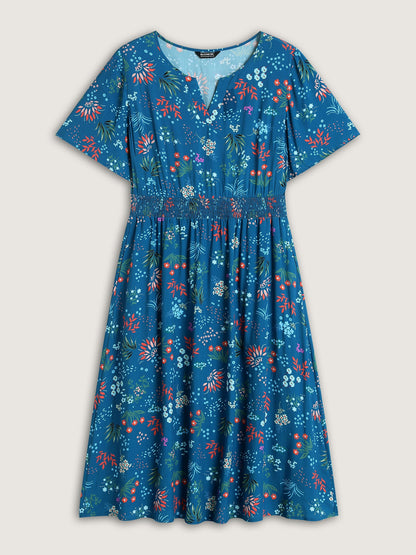 Rayon Playful Floral Shirred Midi Dress