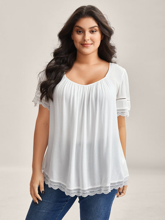 Rayon Flowy Lace Trim Solid Blouse