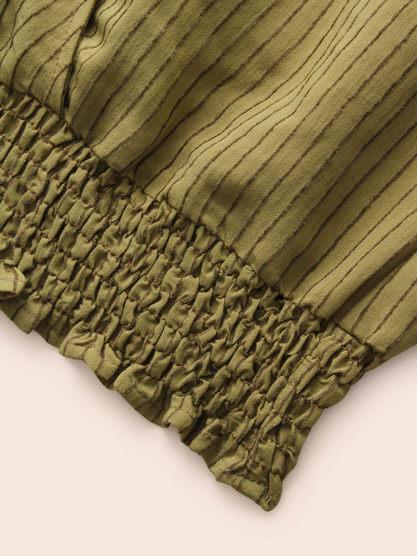 Striped Textured Overlap Collar Shirred Blouse