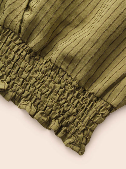 Striped Textured Overlap Collar Shirred Blouse