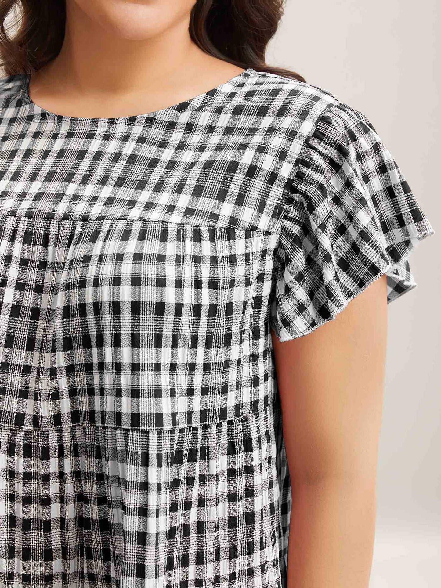 Plaid Print Textured Lotus Leaf Sleeve Shirt