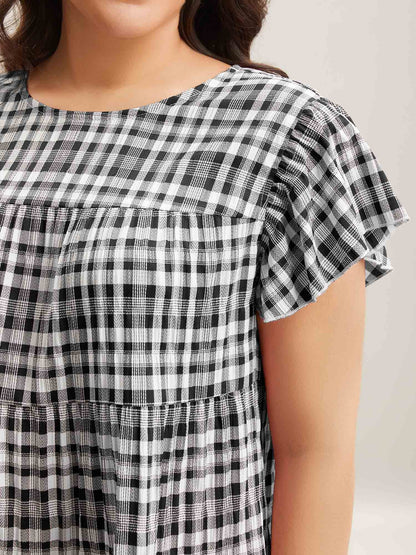 Plaid Print Textured Lotus Leaf Sleeve Shirt