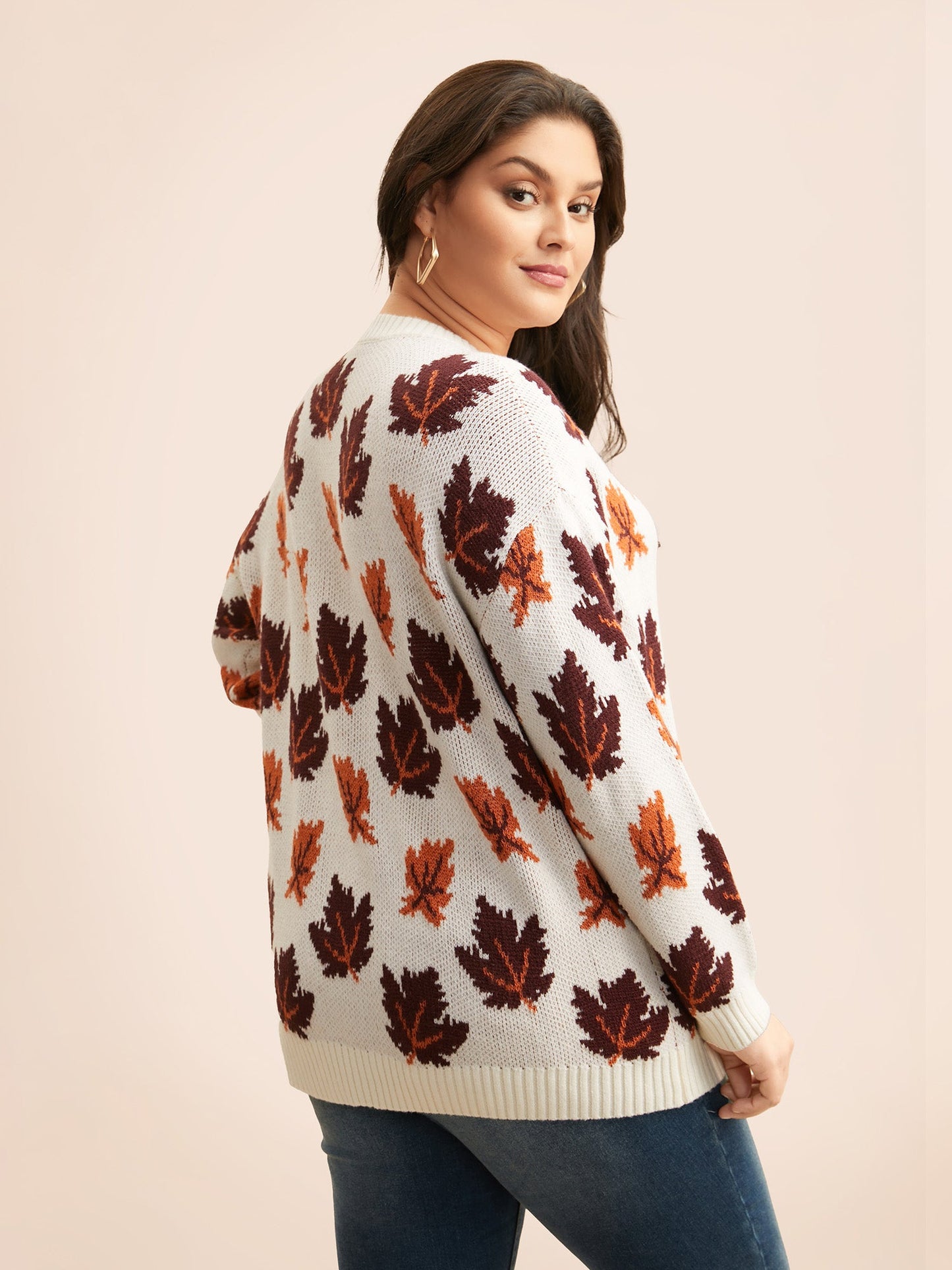 Leaves Jacquard Drop Shoulder Sleeve Pullover