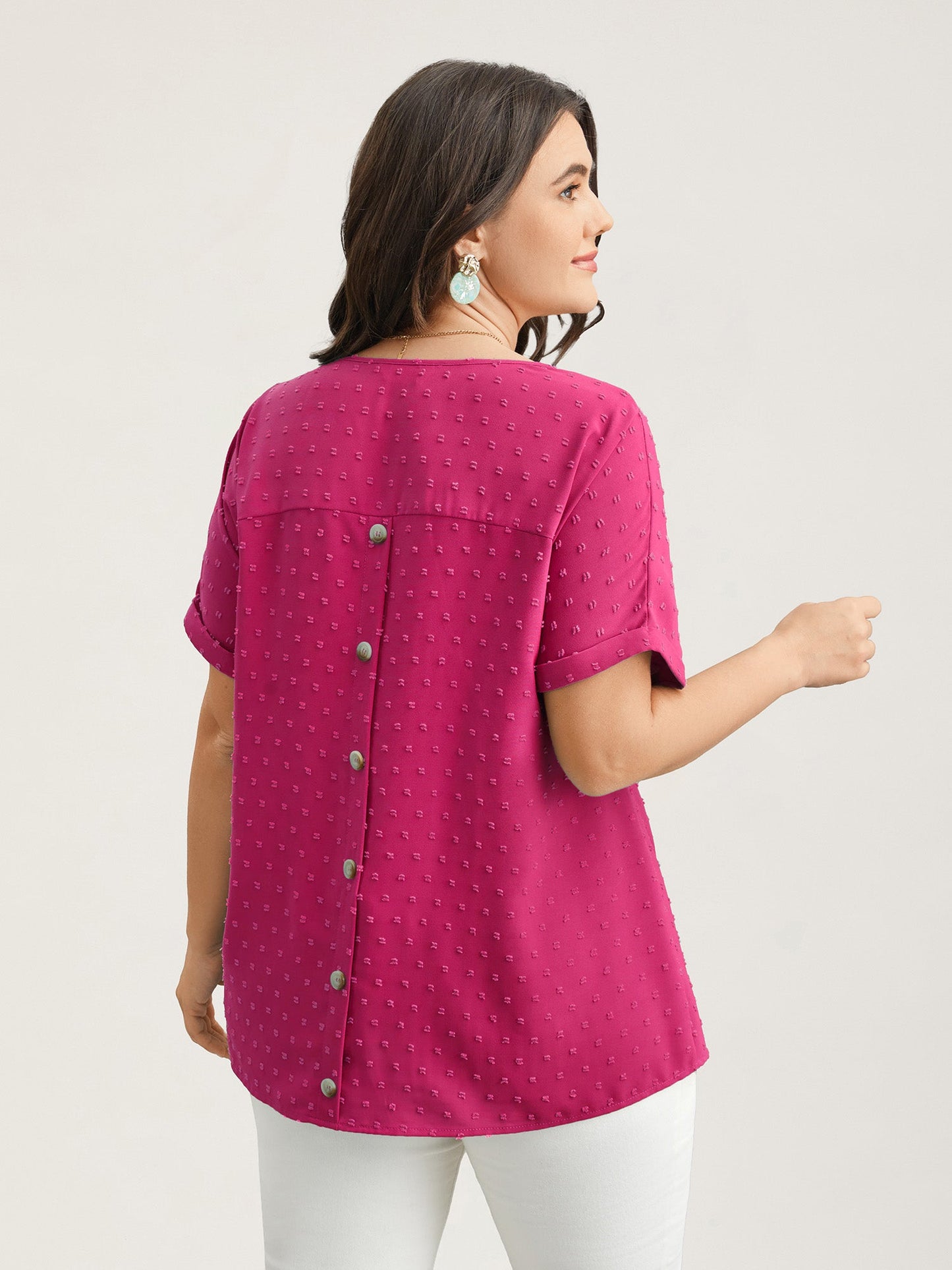 Back-Button Textured V-Neck Shirt