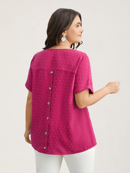 Back-Button Textured V-Neck Shirt