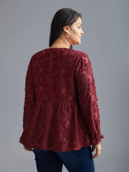 Round Neck Jacquard Plisse Ruched Blouse
