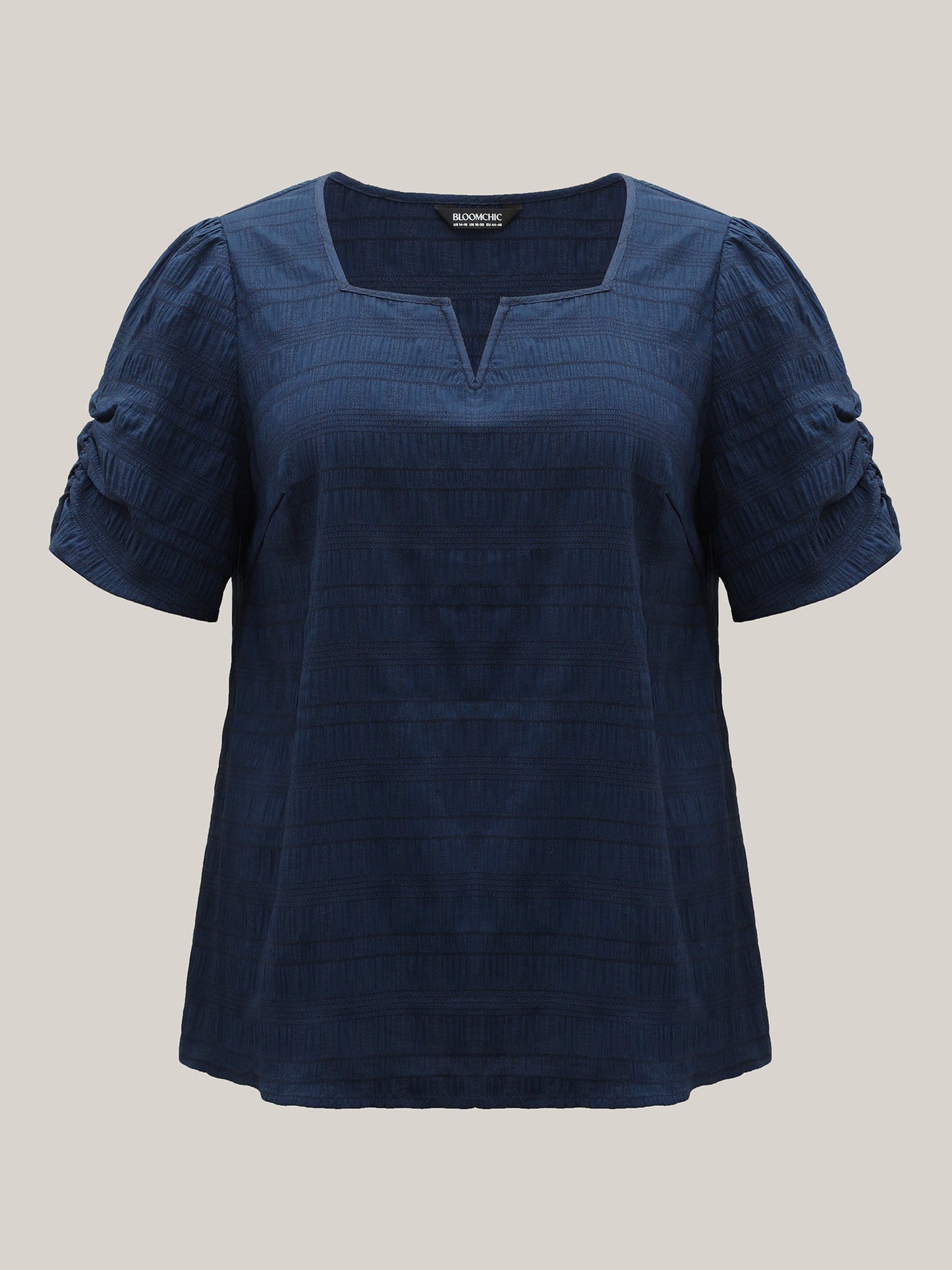 Textured Gathered Sleeve Split Neck Blouse