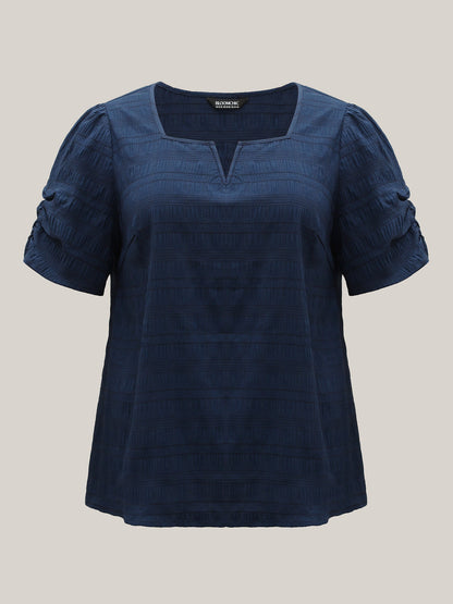 Textured Gathered Sleeve Split Neck Blouse