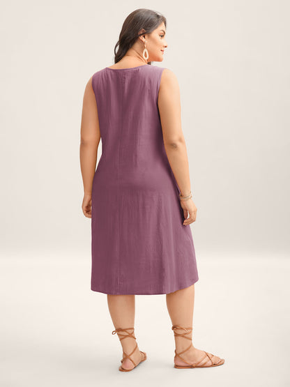 Cotton Toothpick Pleat Plain Midi Dress