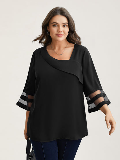 Sheer Sleeve Patchwork Asymmetrical Neckline Blouse