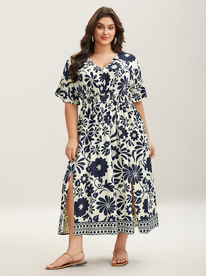 Large Floral Print Pockets Midi Dress