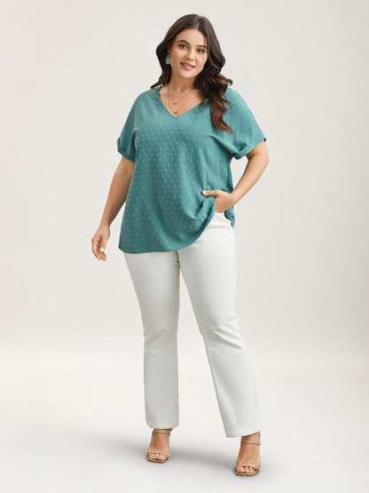 Back-Button Textured V-Neck Shirt