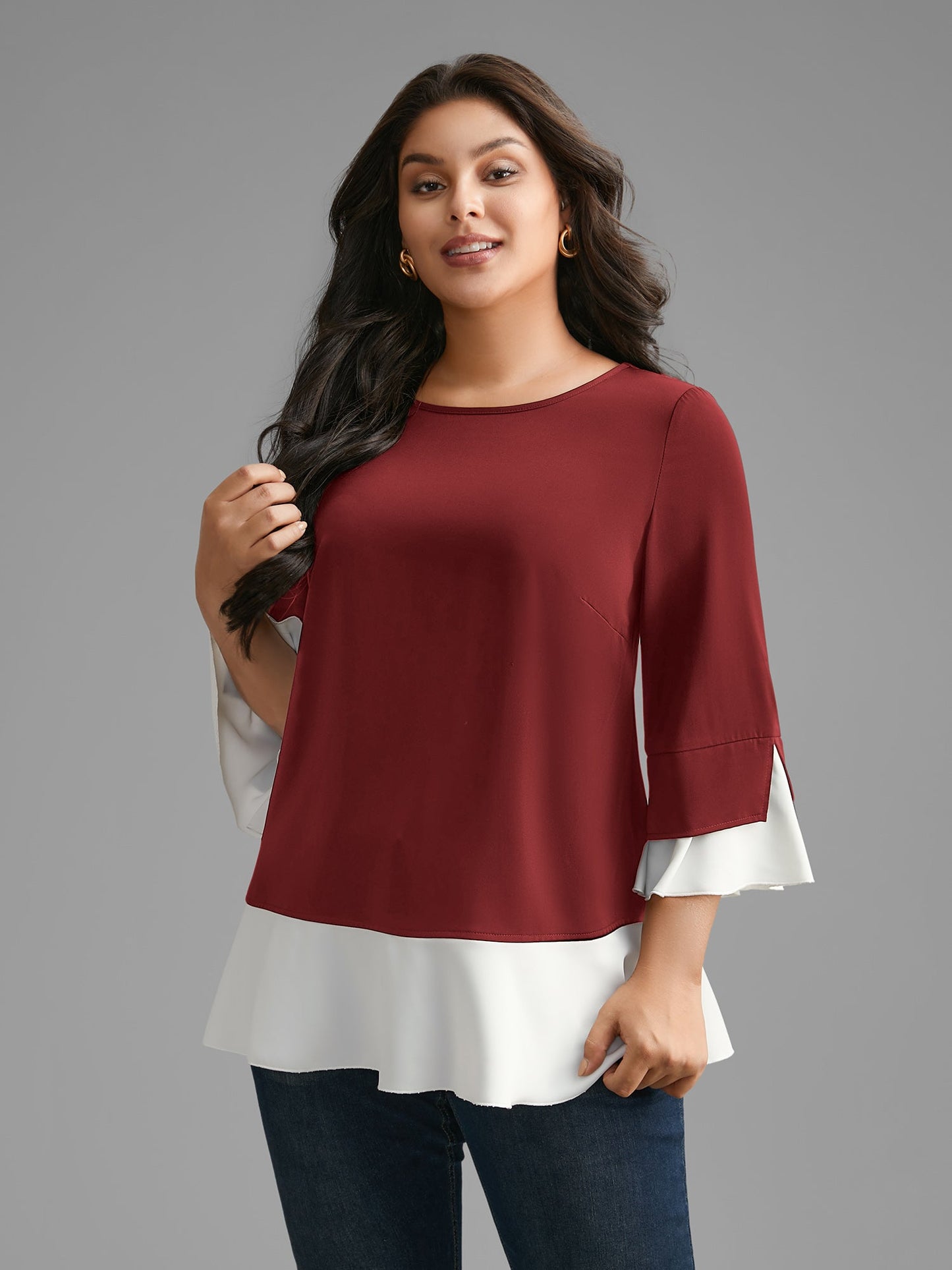 Contrast Patchwork Bell Sleeve Blouse