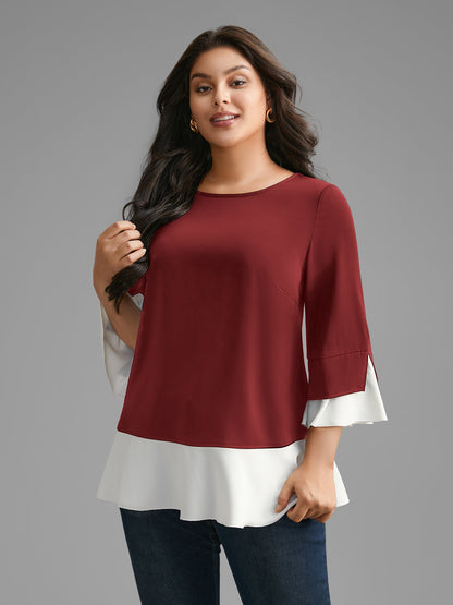 Contrast Patchwork Bell Sleeve Blouse