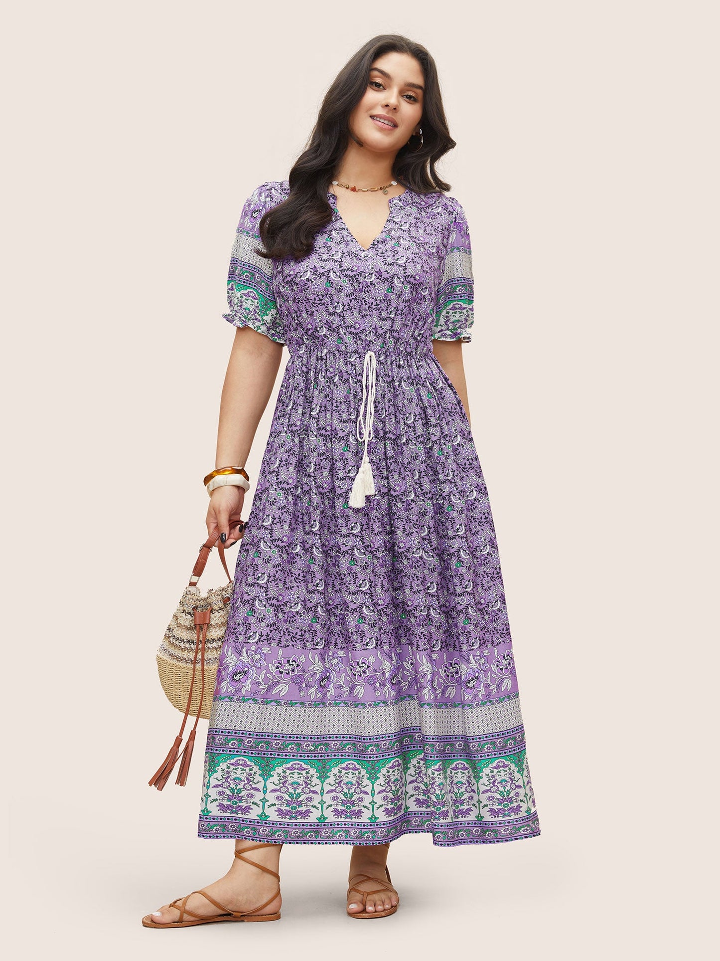 Boho Print Notched Ties Tassel Trim Dress