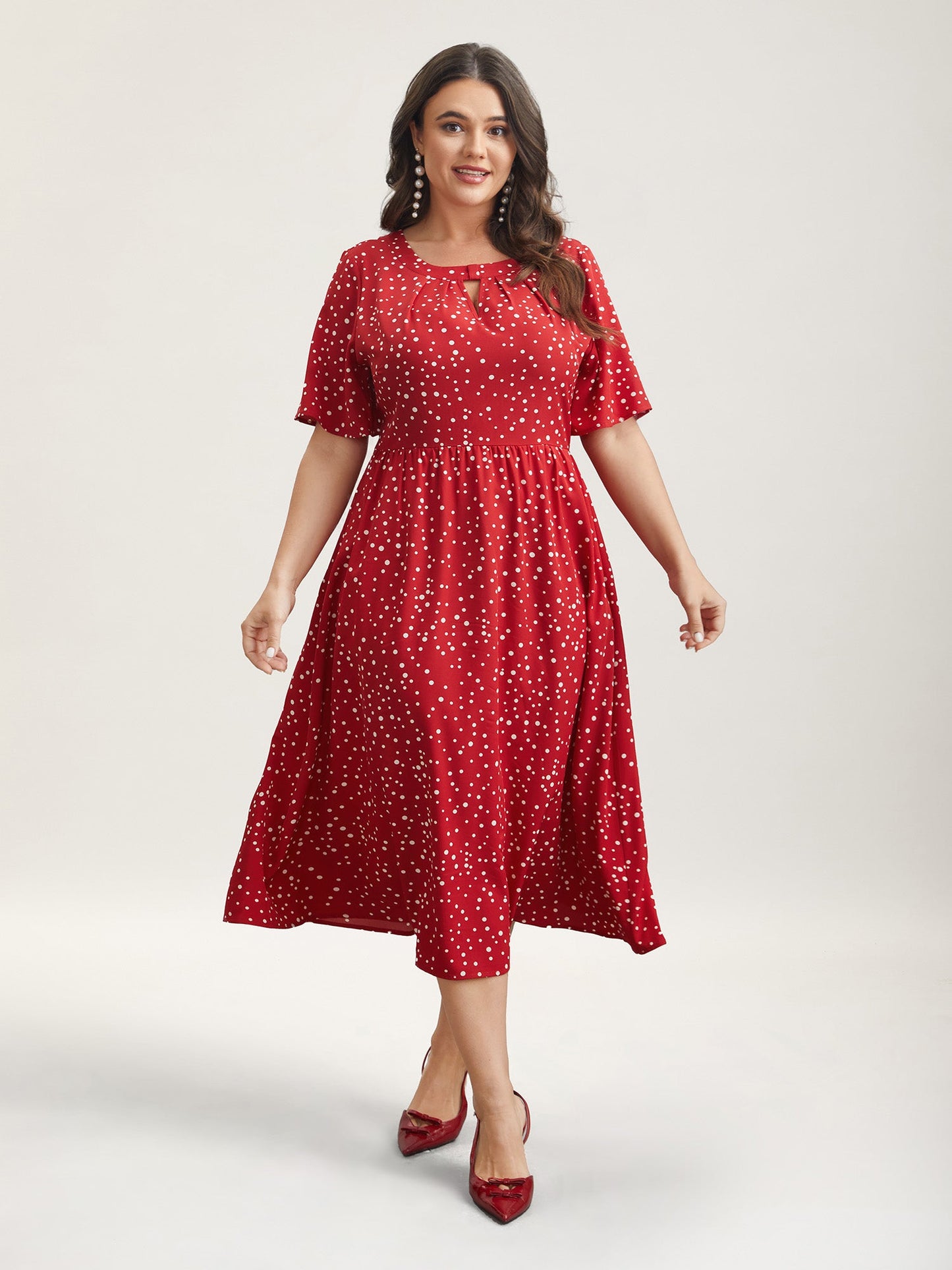 Polka Dots Print Cut-Out Flutter Sleeve Midi Dress