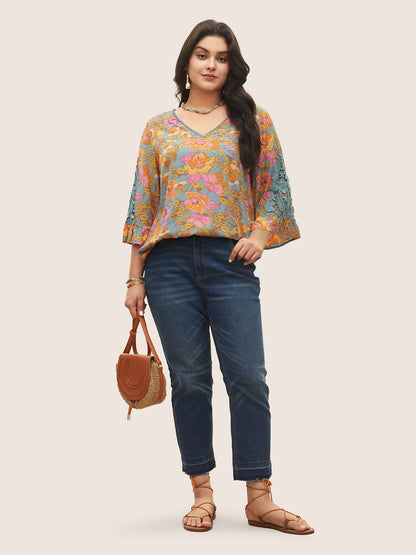 Boho Print Guipure Lace Ruffles Blouse